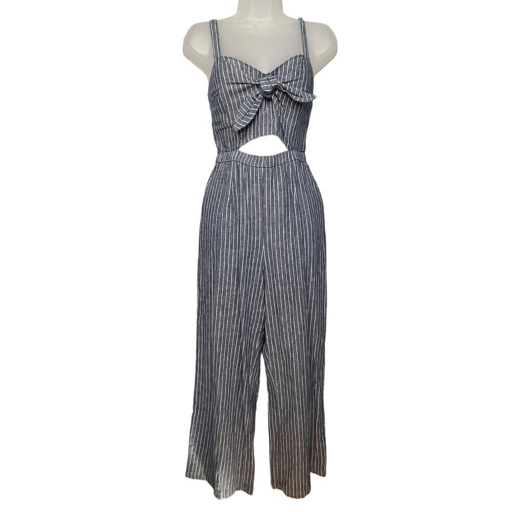 Abercrombie & Fitch Striped Jumpsuit Romper SZ S Wide Legs Linen Pockets